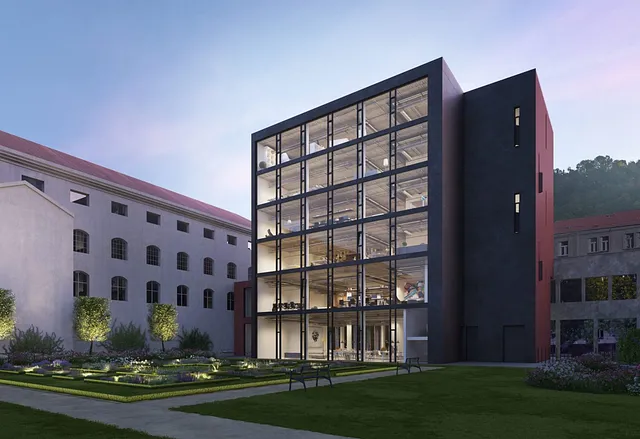 Scott.Weber Praga Office & Garden building exterior evening view